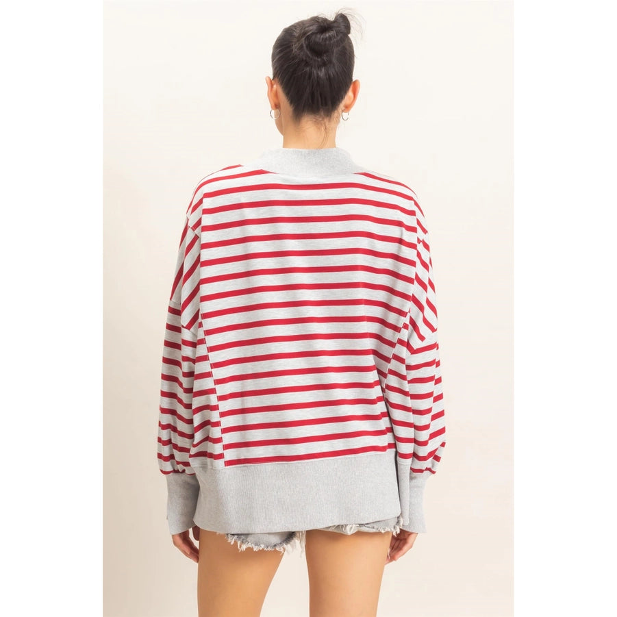 STRIPED MOCK NECK SWEATSHIRT