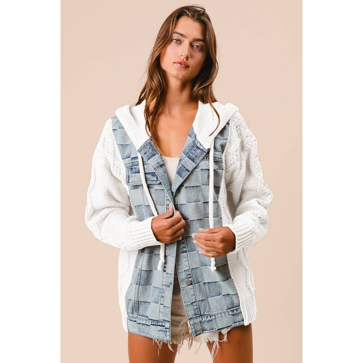 WASHED CHECKER DENIM AND SWEATER HOODED JACKET