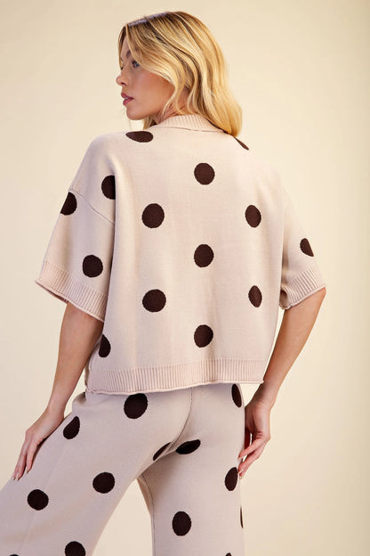 Polka Dot Sweater Round Neck Short Sleeve (beige)