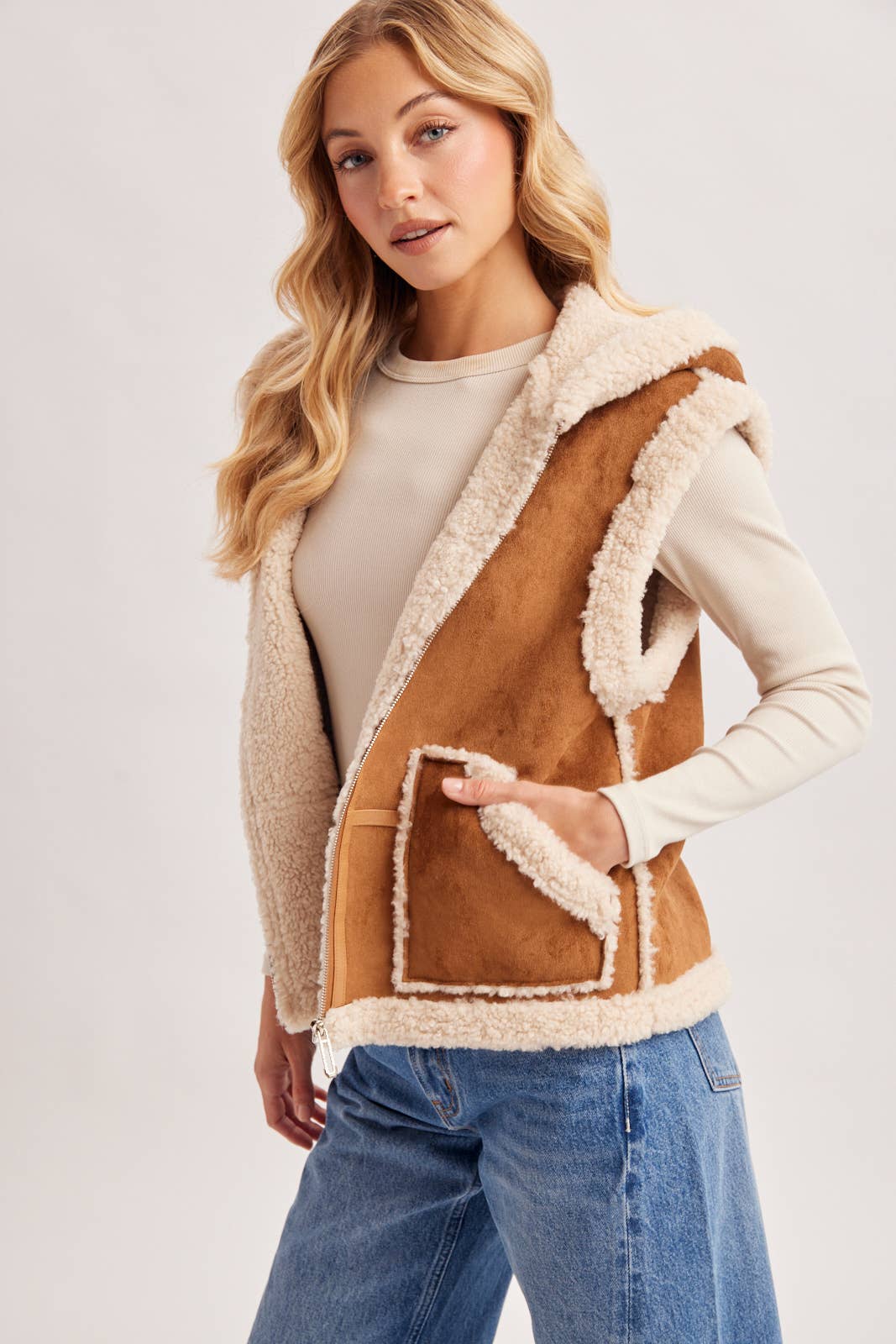 ZIPPER FRONT SHEARLING SUEDE HOODED VEST