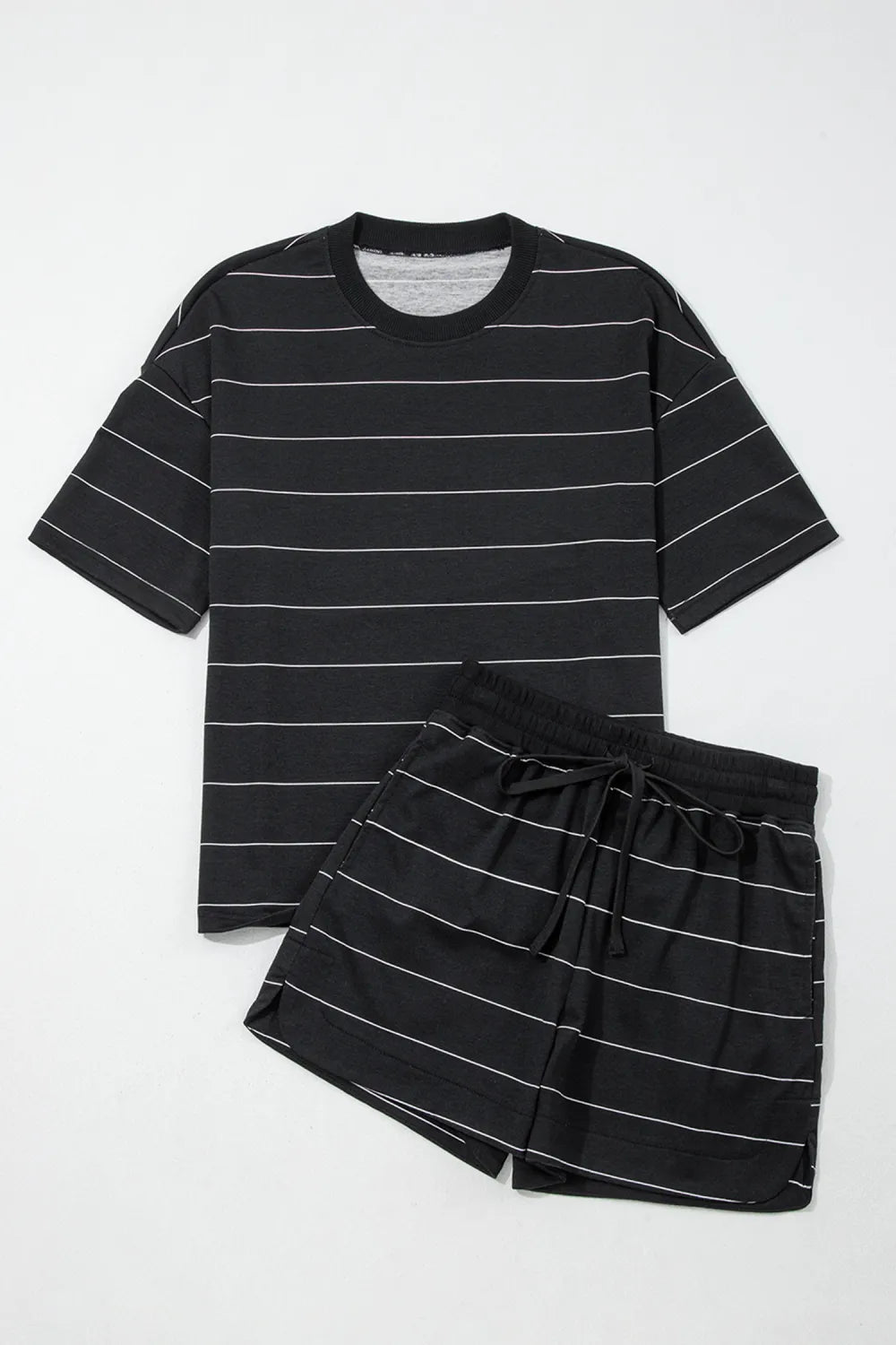 Black Stripe Half Sleeve Tee Drawstring Shorts 2pcs Set