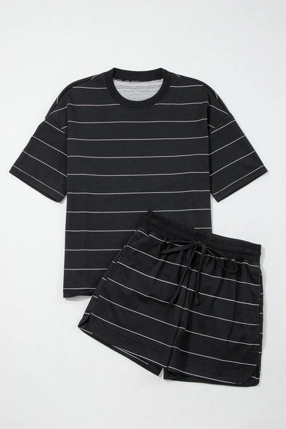 Black Stripe Half Sleeve Tee Drawstring Shorts 2pcs Set