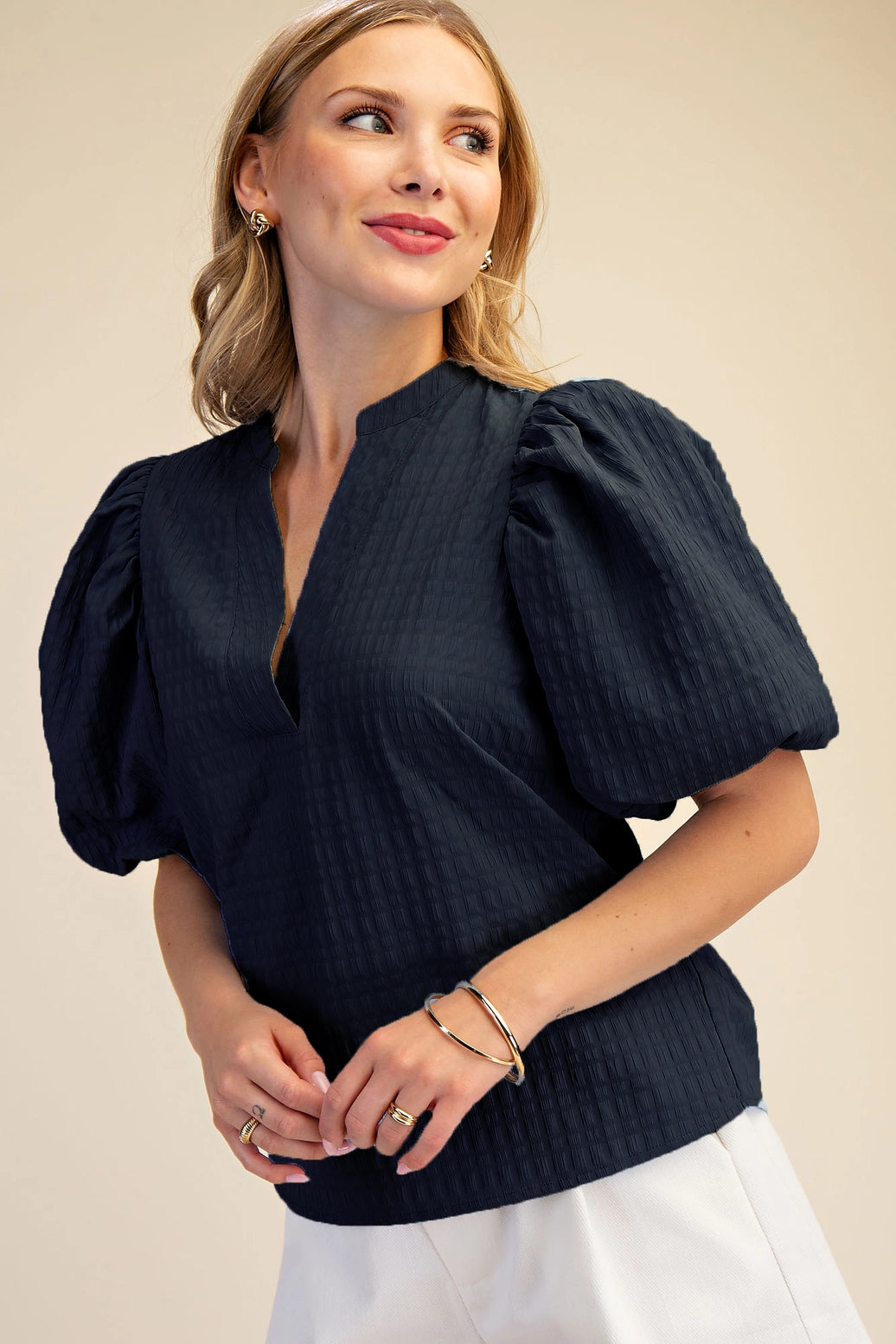 Puff Sleeve Top with V-Neck in Textured Fabric