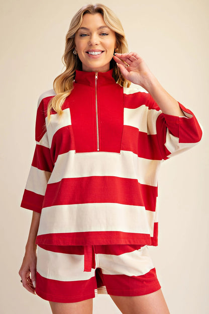 Front Zip Neck 3/4 Sleeve Pullover Stripe Top