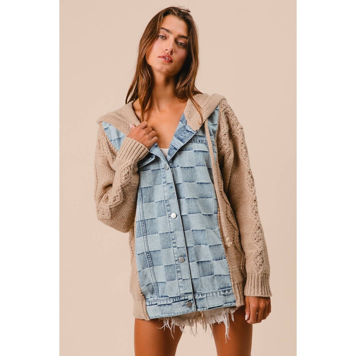 WASHED CHECKER DENIM AND SWEATER HOODED JACKET