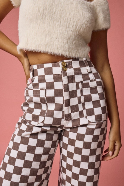 DEMI CHECKERED BOTTOMS W ELASTIC BAND - CINNAMON