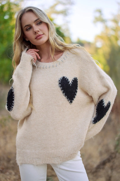 LONG SLEEVE HEART PATCH KNIT SWEATER