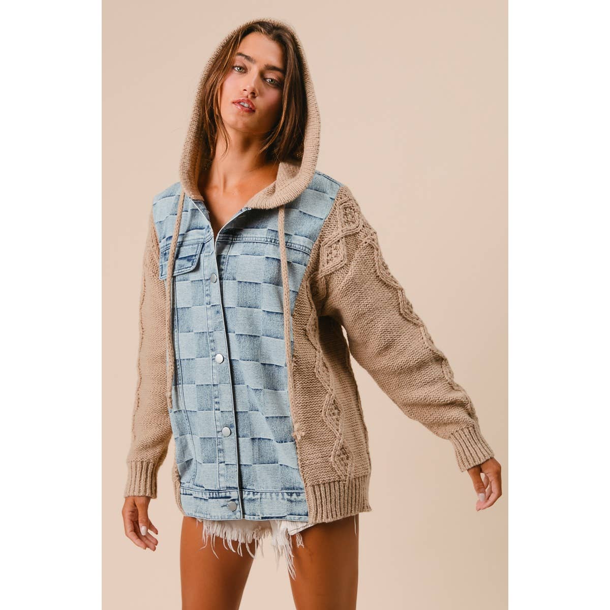WASHED CHECKER DENIM AND SWEATER HOODED JACKET