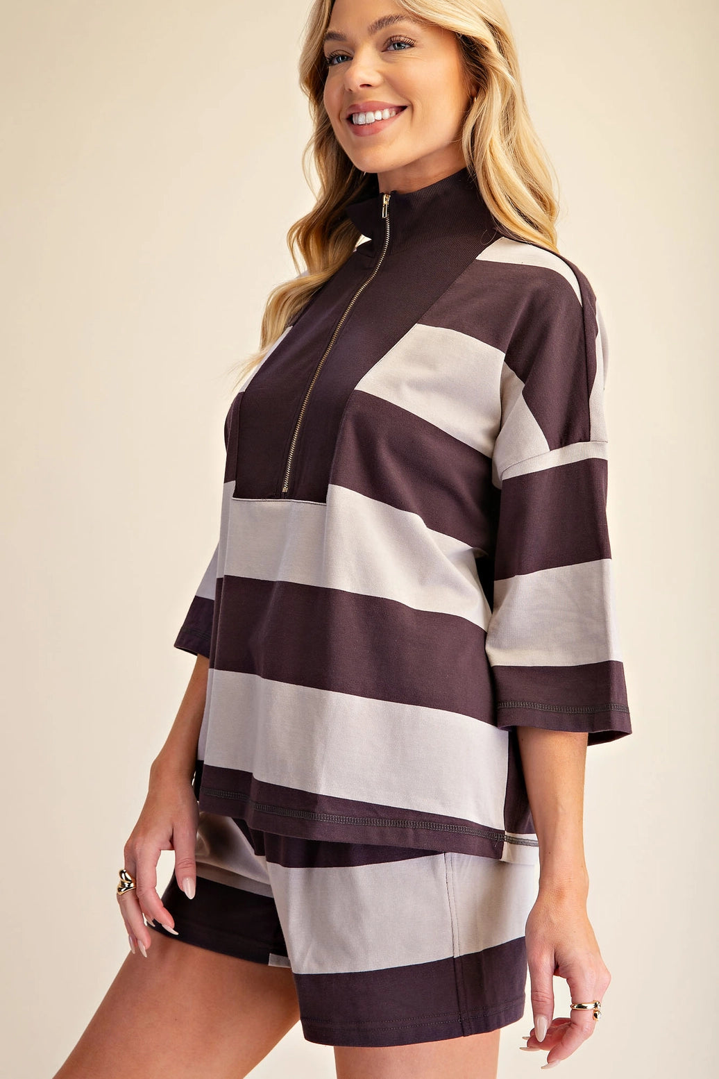 Front Zip Neck 3/4 Sleeve Pullover Stripe Top