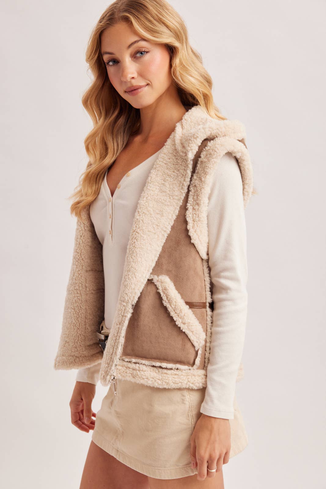 ZIPPER FRONT SHEARLING SUEDE HOODED VEST