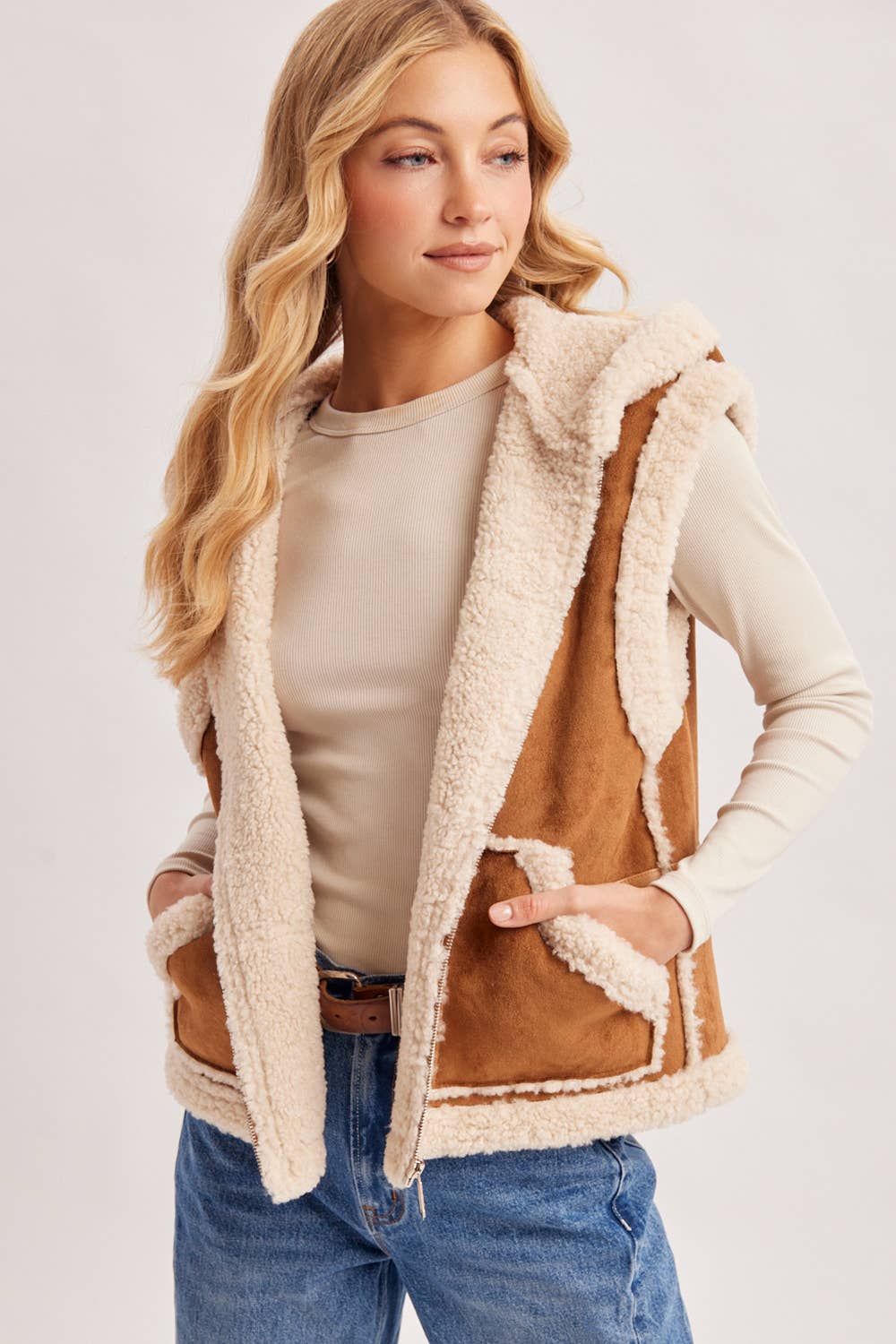 ZIPPER FRONT SHEARLING SUEDE HOODED VEST