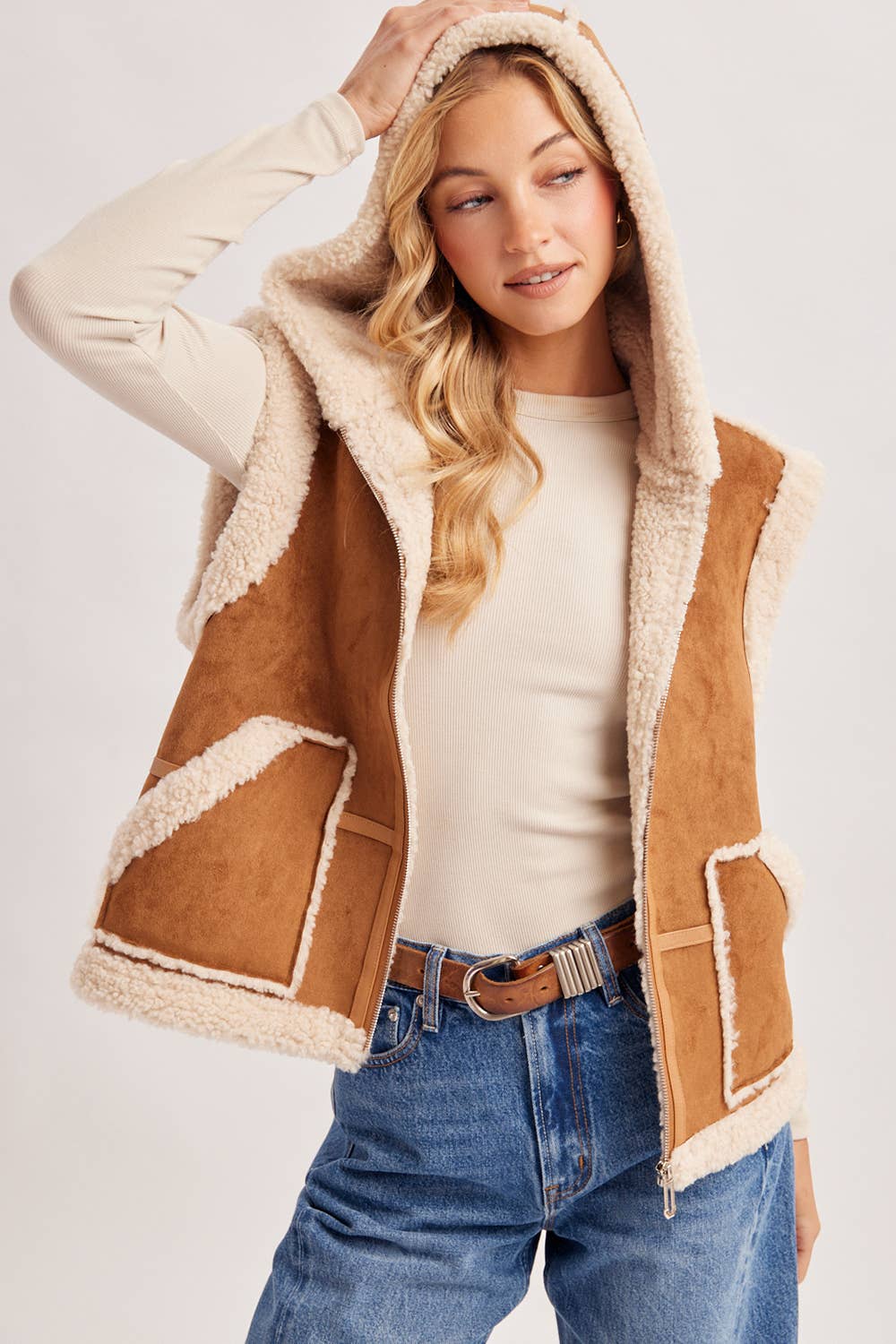 ZIPPER FRONT SHEARLING SUEDE HOODED VEST