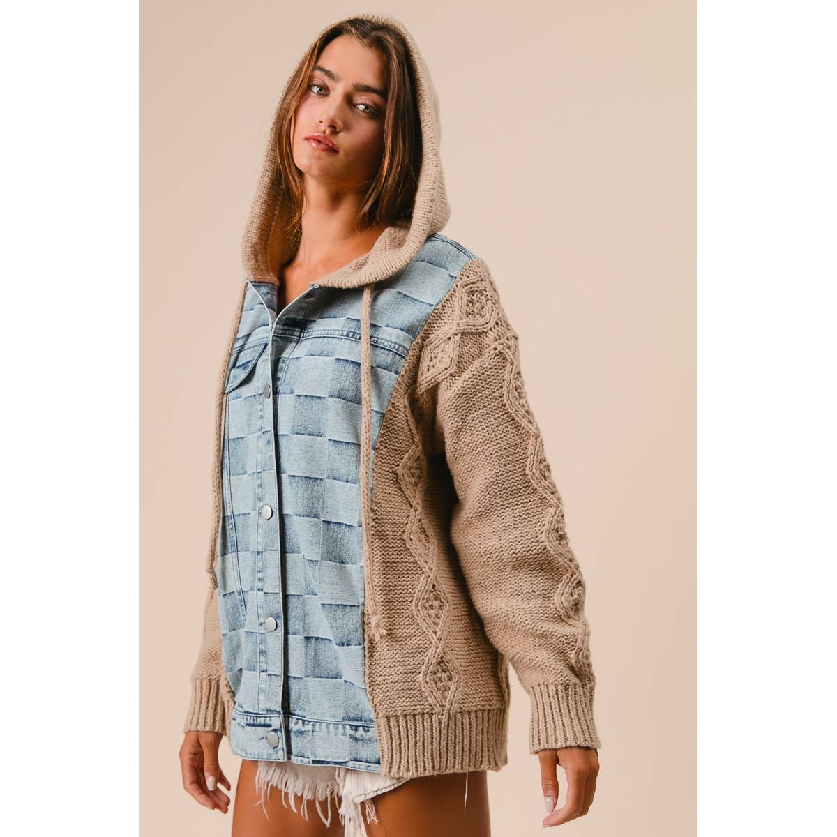 WASHED CHECKER DENIM AND SWEATER HOODED JACKET