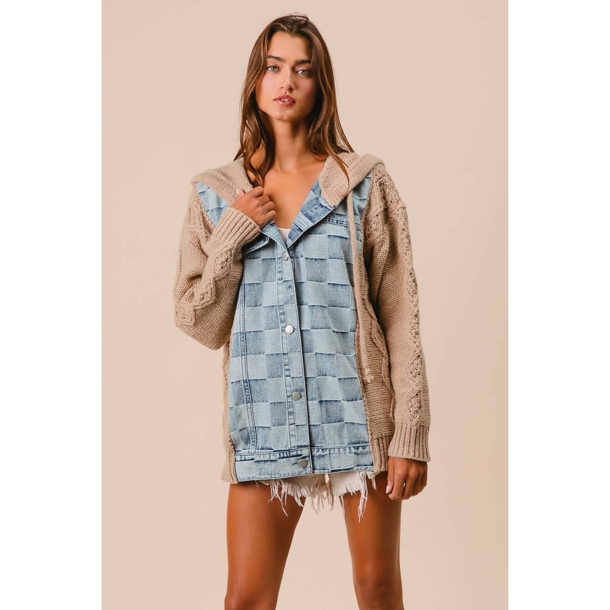 WASHED CHECKER DENIM AND SWEATER HOODED JACKET