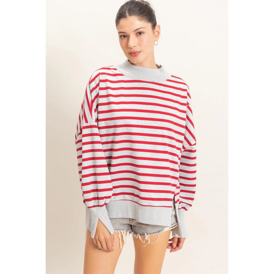 STRIPED MOCK NECK SWEATSHIRT