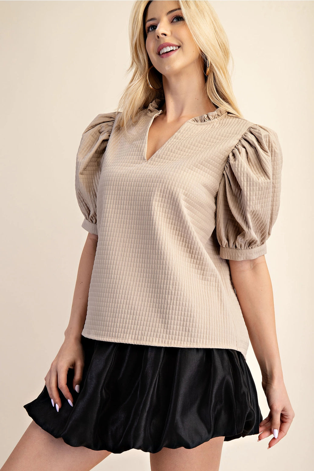 Puff Sleeve Ruffle V-Neck Textured Top