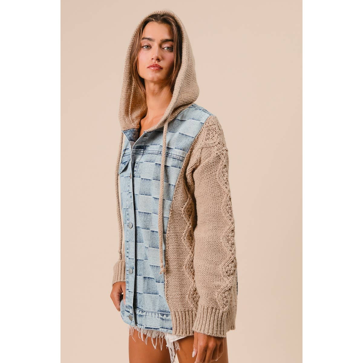 WASHED CHECKER DENIM AND SWEATER HOODED JACKET