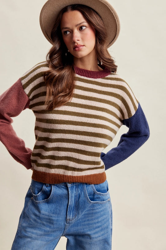 COLORBLOCK STRIPE KNIT SWEATER-OLIVE MULTI