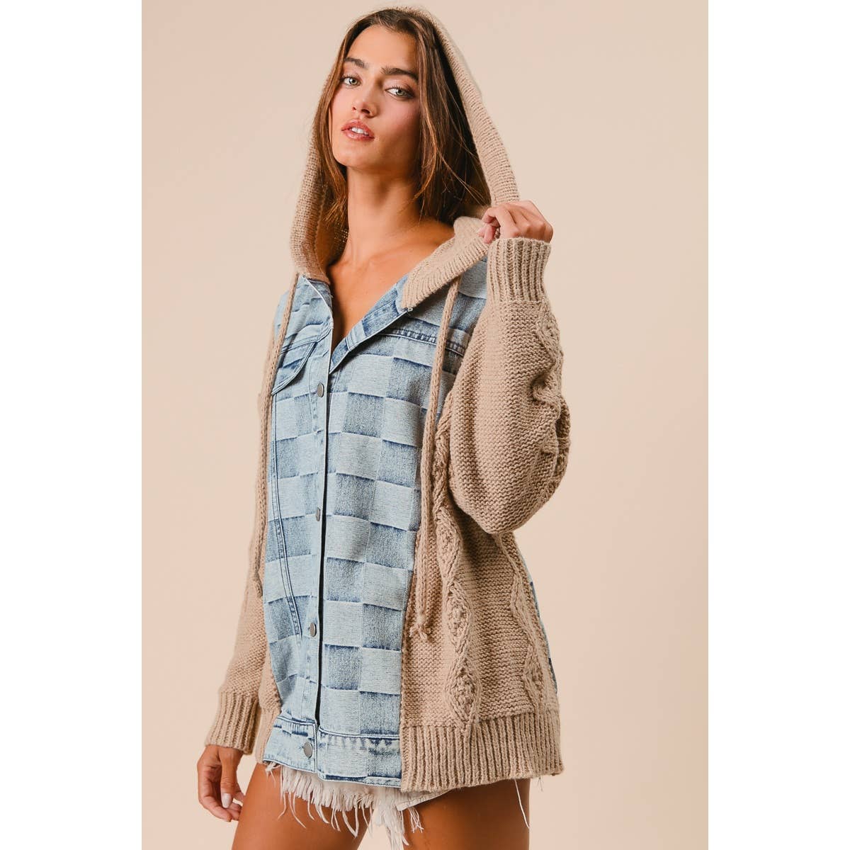 WASHED CHECKER DENIM AND SWEATER HOODED JACKET