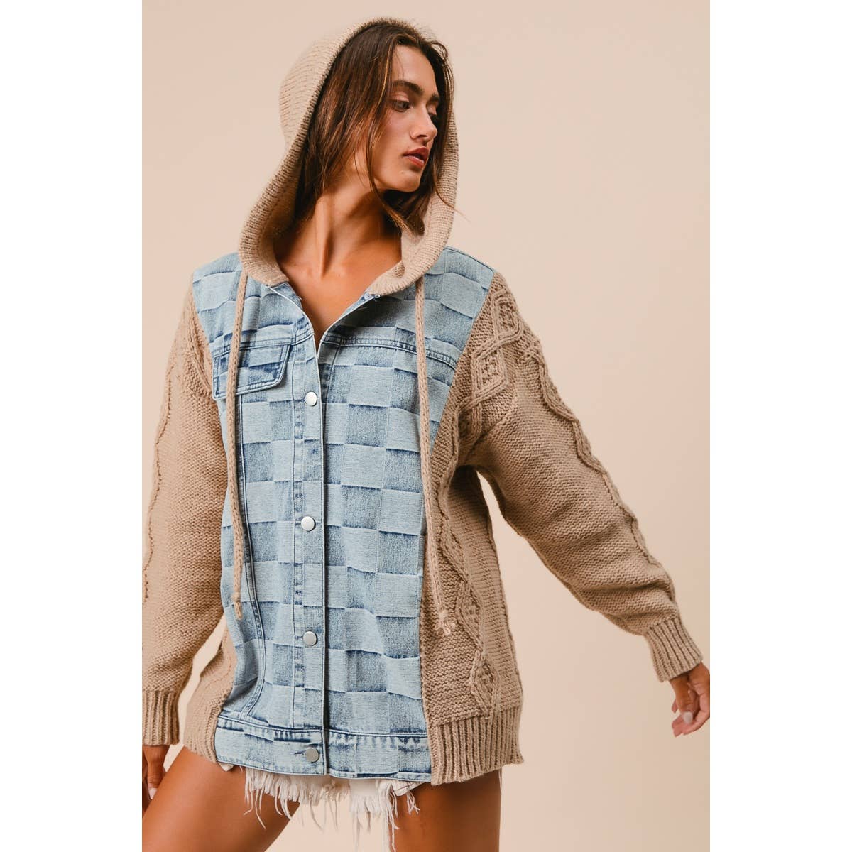 WASHED CHECKER DENIM AND SWEATER HOODED JACKET