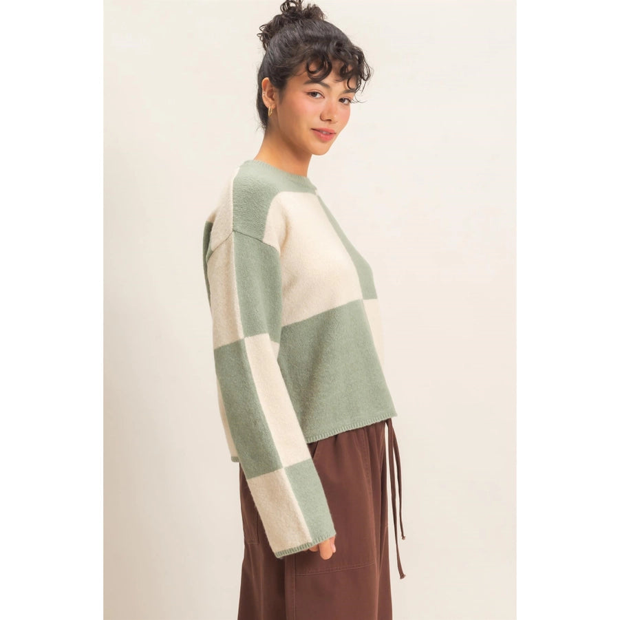 CREW NECK CHECKERED SWEATER-SAGE
