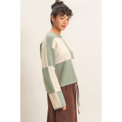 CREW NECK CHECKERED SWEATER-SAGE