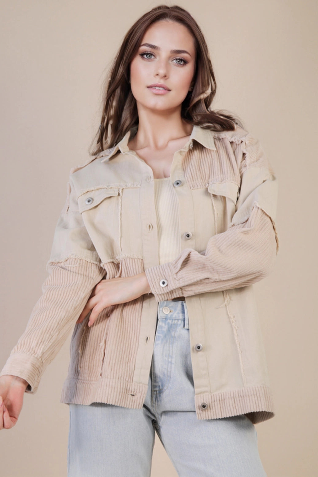 MINERAL WASHED COLOR BLOCK BUTTON DOWN JACKET