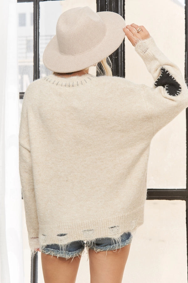 LONG SLEEVE HEART PATCH KNIT SWEATER