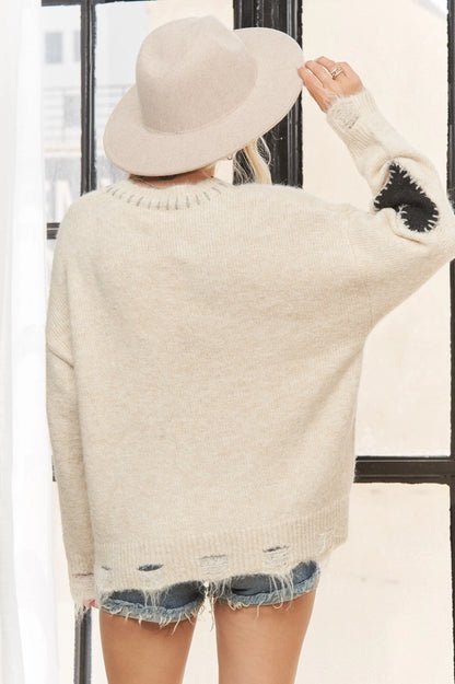 LONG SLEEVE HEART PATCH KNIT SWEATER