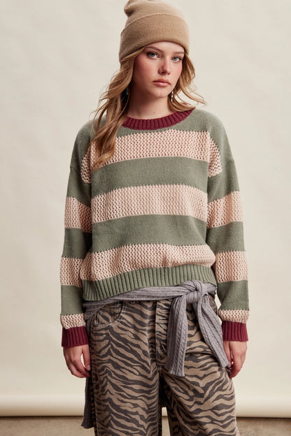 TEXTURED STRIPE KNIT SWEATER-GREEN