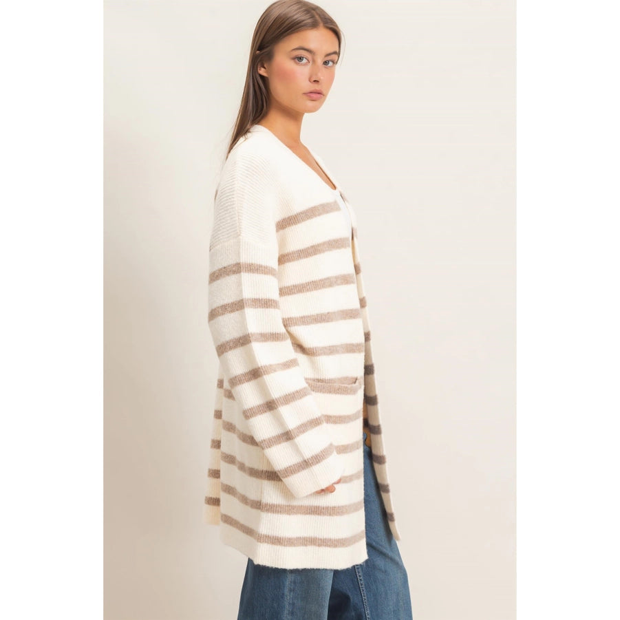 OPEN FRONT STRIPE CARDIGAN-SAND