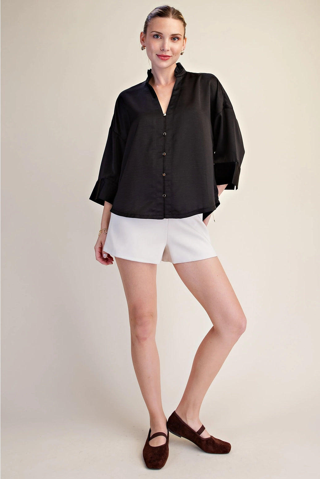 V-Neck Metal Button Down Shirt