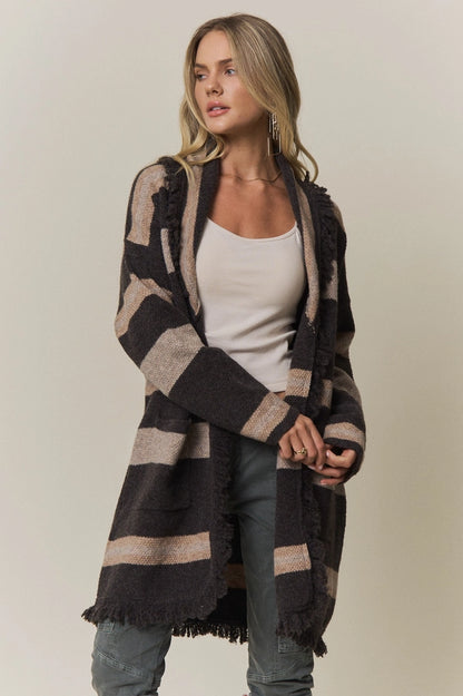 BOHO STRIPED FRINGE LONG CARDIGAN