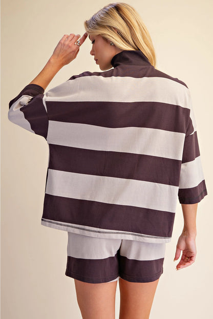 Front Zip Neck 3/4 Sleeve Pullover Stripe Top
