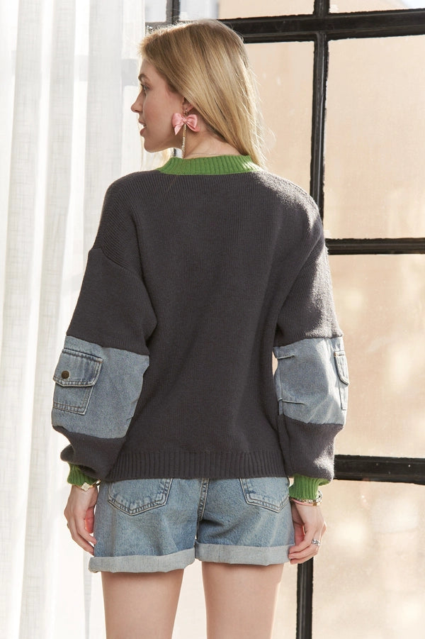 Knit Sweater Top with Denim Pockets