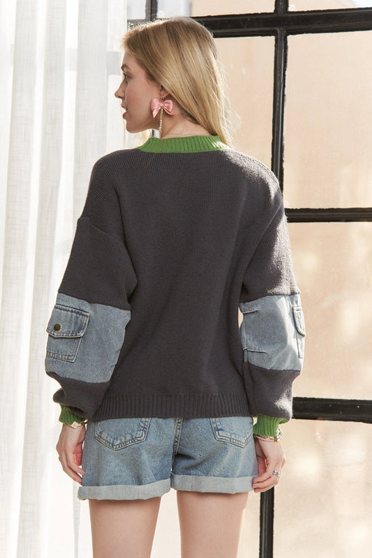 E9 Knit Sweater Top with Denim Pockets