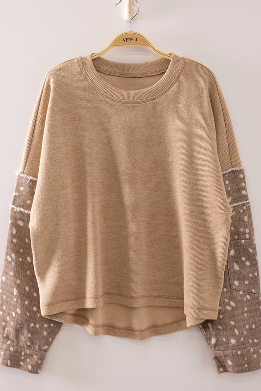 CONTRAST PRINT SLEEVE THERMAL TOP CAMEL