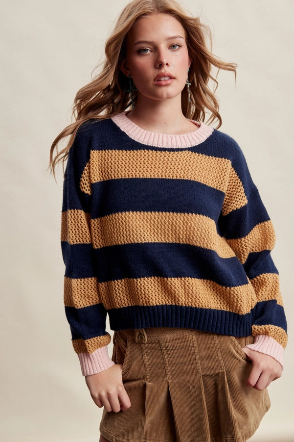 TEXTURED STRIPE KNIT SWEATER-NAVY