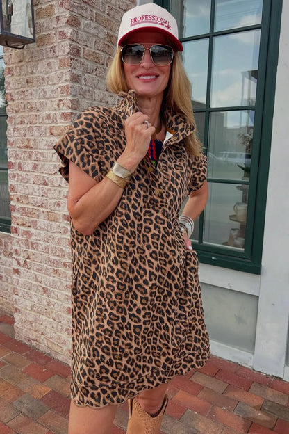 Khaki Buttoned Collar Short Sleeve Shift Leopard Dress with Pockets