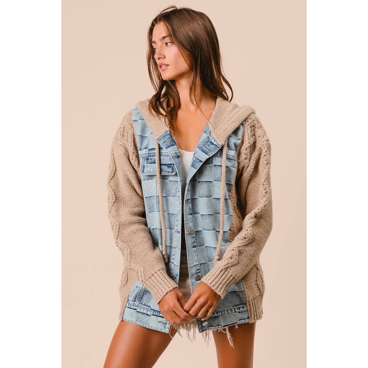 WASHED CHECKER DENIM AND SWEATER HOODED JACKET