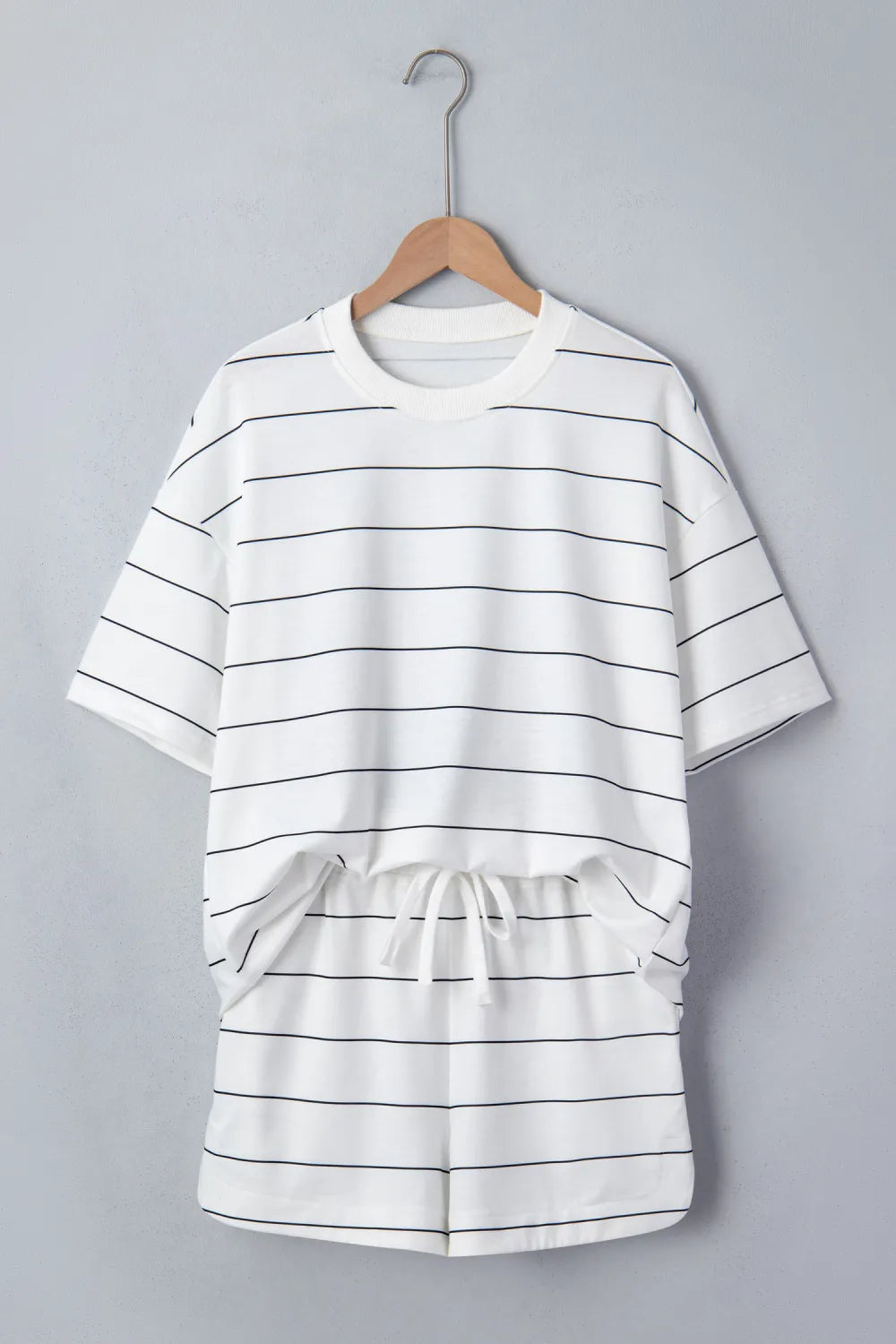 White Stripe Half Sleeve Tee Drawstring Shorts 2pcs Set
