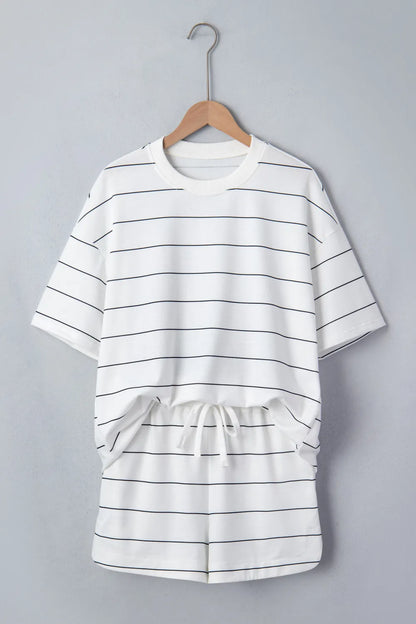 White Stripe Half Sleeve Tee Drawstring Shorts 2pcs Set