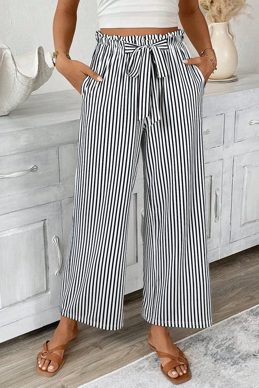 Black Stripe Tied High Waist Loose Straight Casual Pants