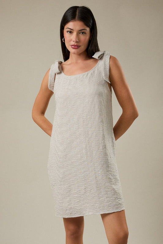 BOAT NECK SLEEVELESS SHOULDER TIE MINI DRESS