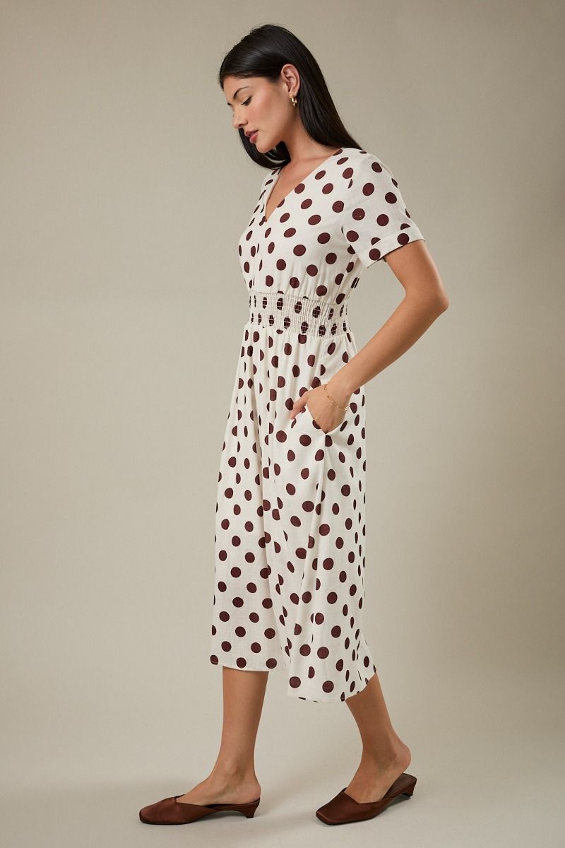 V NECK SHORT SLEEVE WAIST SMOCKING MIDI DRESS