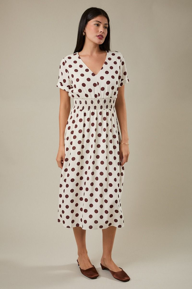 V NECK SHORT SLEEVE WAIST SMOCKING MIDI DRESS