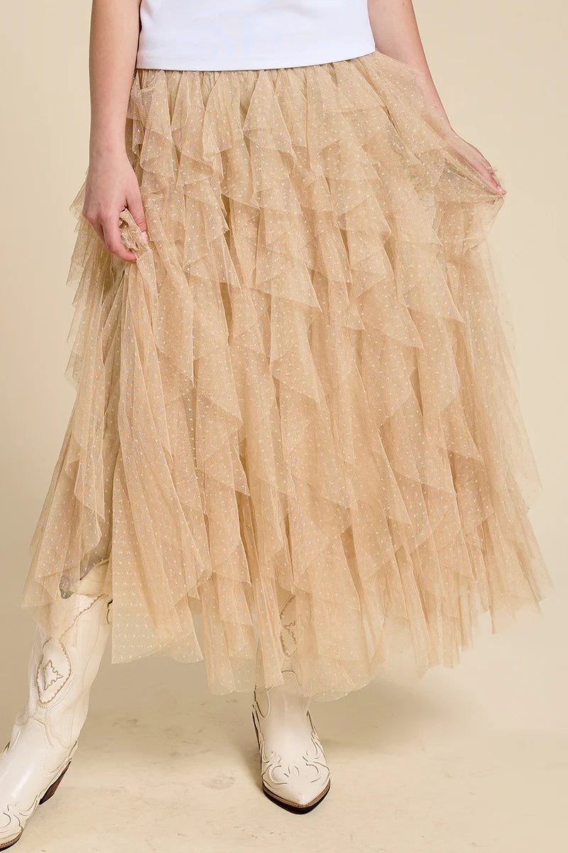 Taupe Sparkle Tiered Tulle Maxi Skirt