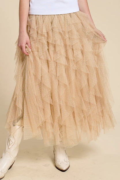 Taupe Sparkle Tiered Tulle Maxi Skirt