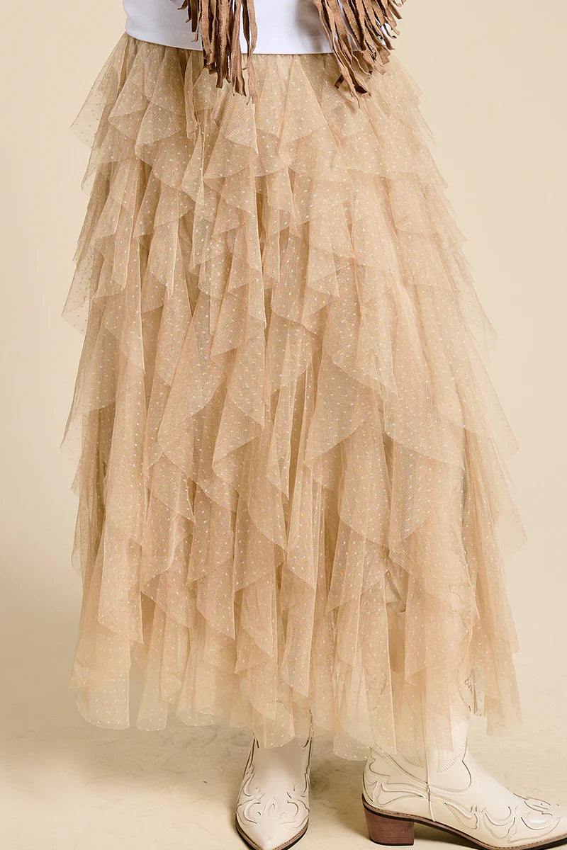 Taupe Sparkle Tiered Tulle Maxi Skirt