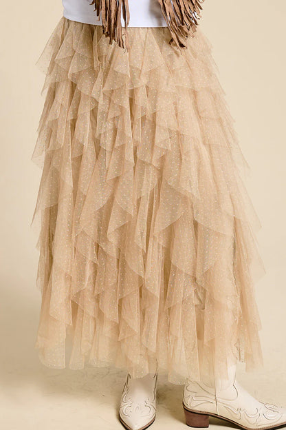 Taupe Sparkle Tiered Tulle Maxi Skirt